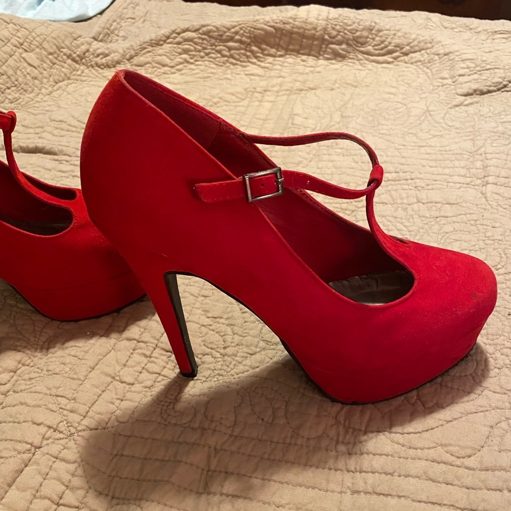 Red T-Strap pumps